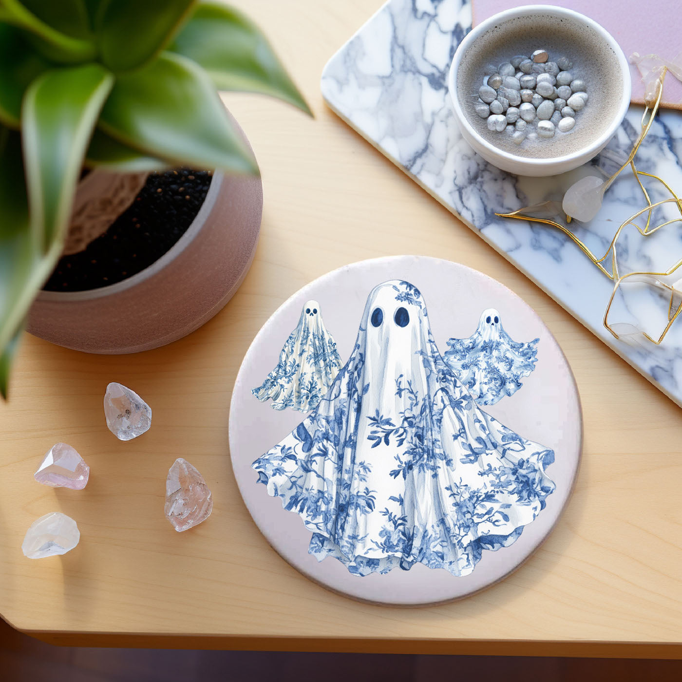 Size scale of Halloween coaster set in table setting
High-quality ceramic surface of Halloween chinoiserie coasters
Durable cork backing detail on gothic coaster set